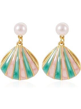 Anthropologie Gold-Tone Shell Earrings with Pink & Green Enamel and Pearl Studs
